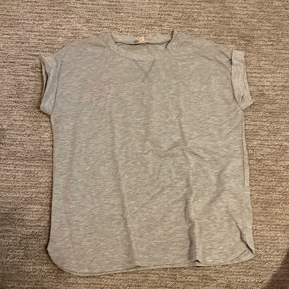 Light heather gray casual top with rolled short sleeves, almost sweatshirt like